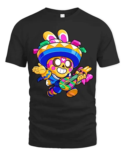 Funny Fiesta Skeleton Guitar T-Shirt Colorful Party Tee - black t-shirt on white background