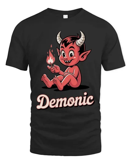 Cute Demonic Devil Cartoon T-Shirt Funny Halloween Tee - black t-shirt on white background