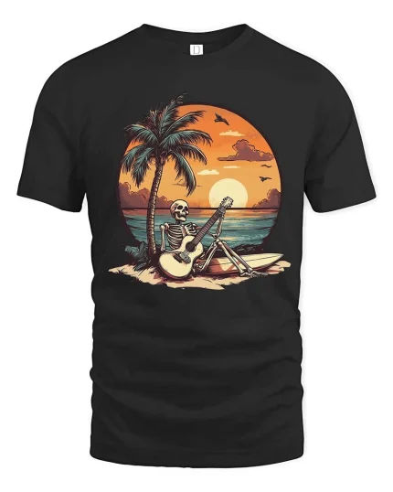 Skeleton Beach Guitar T-Shirt Sunset Tropical Music Tee - black t-shirt on white background