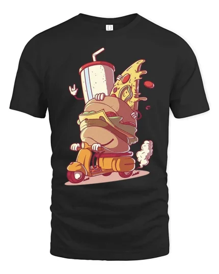 Funny Fast Food Scooter T-Shirt Burger Pizza Cartoon Tee - black t-shirt on white background