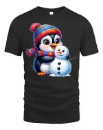 Cute Penguin Snowman T-Shirt Winter Holiday Cartoon Tee - black t-shirt on white background