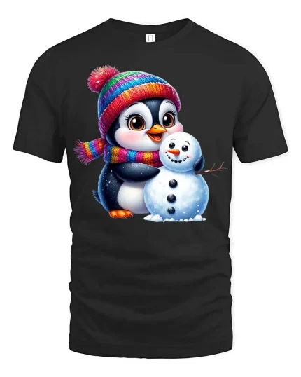 Cute Penguin Snowman T-Shirt Winter Holiday Cartoon Tee - black t-shirt on white background