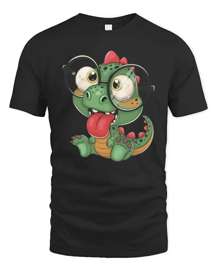 Cute Dinosaur With Glasses T-Shirt Funny Dino Cartoon Tee - black t-shirt on white background