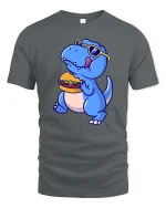 Funny Dinosaur Eating Burger T-Shirt Cool Dino Food Tee - gray t-shirt on white background
