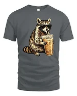 Cool Raccoon Iced Coffee T-Shirt Funny Animal Drink Tee - gray t-shirt on white background