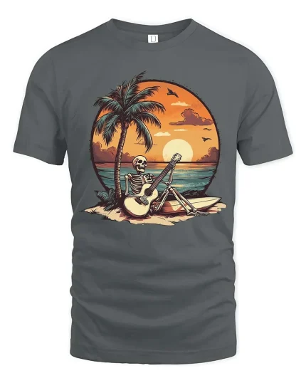 Skeleton Beach Guitar T-Shirt Sunset Tropical Music Tee - gray t-shirt on white background