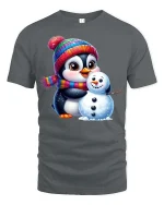 Cute Penguin Snowman T-Shirt Winter Holiday Cartoon Tee - gray t-shirt on white background