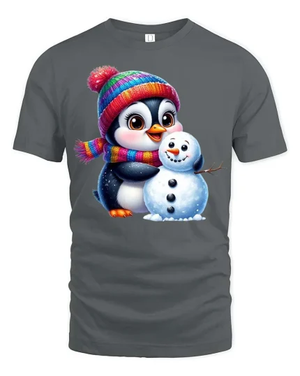 Cute Penguin Snowman T-Shirt Winter Holiday Cartoon Tee - gray t-shirt on white background