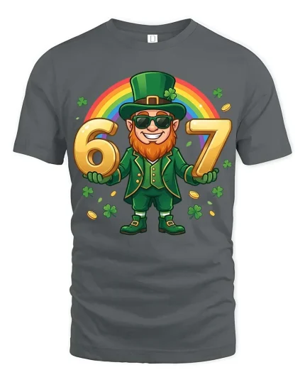 Lucky 67 Leprechaun T-Shirt Funny St Patrick Day Tee - gray t-shirt on white background