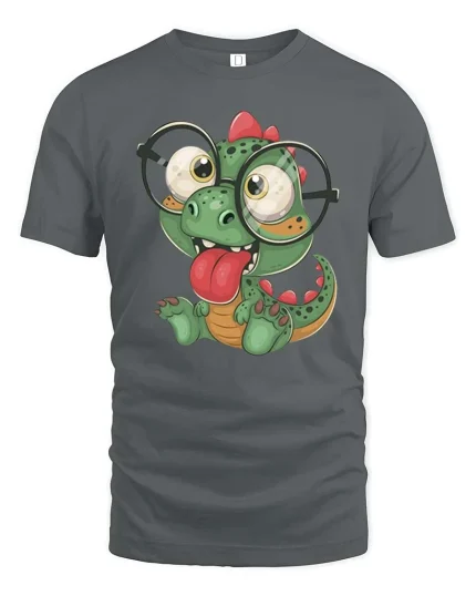 Cute Dinosaur With Glasses T-Shirt Funny Dino Cartoon Tee - gray t-shirt on white background