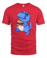 Funny Dinosaur Eating Burger T-Shirt Cool Dino Food Tee - red t-shirt on white background
