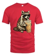 Cool Raccoon Iced Coffee T-Shirt Funny Animal Drink Tee - red t-shirt on white background