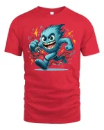 Funny Electric Monster T-Shirt Cool Energy Cartoon Tee - red t-shirt on white background