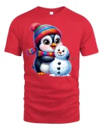 Cute Penguin Snowman T-Shirt Winter Holiday Cartoon Tee - red t-shirt on white background