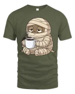 Funny Tired Mummy Coffee T-Shirt Cute Halloween Monster - military green t-shirt on white background