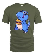 Funny Dinosaur Eating Burger T-Shirt Cool Dino Food Tee - military green t-shirt on white background