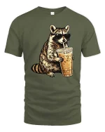 Cool Raccoon Iced Coffee T-Shirt Funny Animal Drink Tee - military green t-shirt on white background