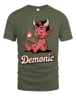 Cute Demonic Devil Cartoon T-Shirt Funny Halloween Tee - military green t-shirt on white background