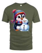 Cute Penguin Snowman T-Shirt Winter Holiday Cartoon Tee - military green t-shirt on white background