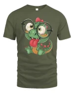 Cute Dinosaur With Glasses T-Shirt Funny Dino Cartoon Tee - military green t-shirt on white background