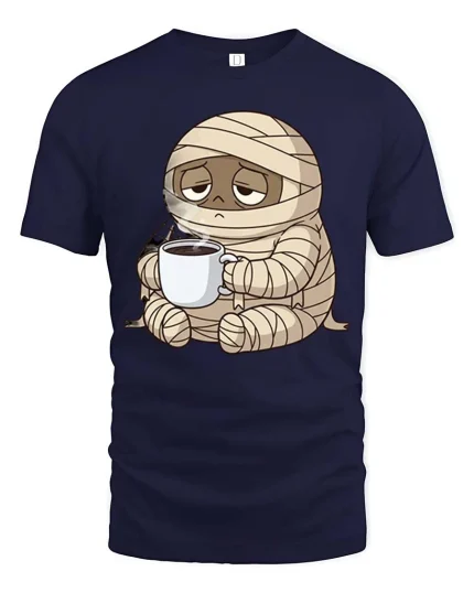 Funny Tired Mummy Coffee T-Shirt Cute Halloween Monster - navy t-shirt on white background