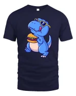Funny Dinosaur Eating Burger T-Shirt Cool Dino Food Tee - navy t-shirt on white background