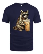 Cool Raccoon Iced Coffee T-Shirt Funny Animal Drink Tee - navy t-shirt on white background