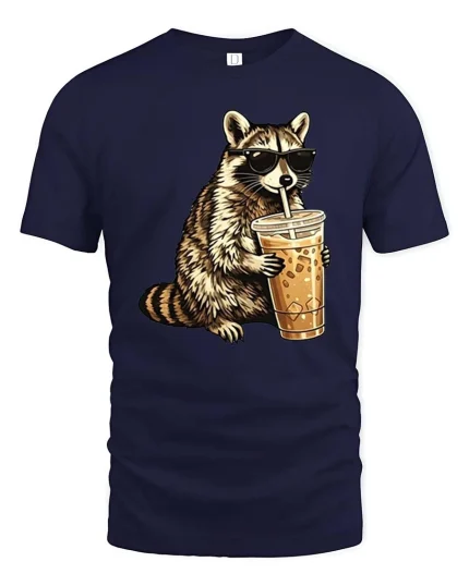 Cool Raccoon Iced Coffee T-Shirt Funny Animal Drink Tee - navy t-shirt on white background