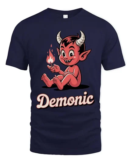 Cute Demonic Devil Cartoon T-Shirt Funny Halloween Tee - navy t-shirt on white background