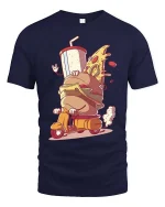 Funny Fast Food Scooter T-Shirt Burger Pizza Cartoon Tee - navy t-shirt on white background