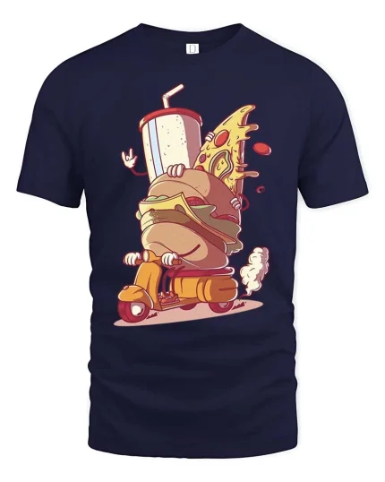Funny Fast Food Scooter T-Shirt Burger Pizza Cartoon Tee - navy t-shirt on white background