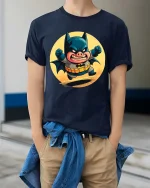Angry Pig Superhero T-Shirt Funny Comic Animal Hero Tee - model wearing navy tee with hands in pockets