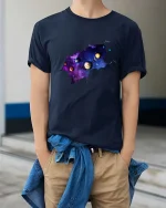 Solar System Galaxy T-Shirt Cosmic Space Planets Graphic - model wearing navy tee with hands in pockets