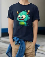 Cute Alien Monster T-Shirt Funny Cartoon Creature Tee - model wearing navy tee with hands in pockets