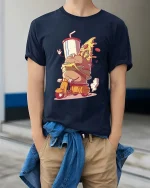 Funny Fast Food Scooter T-Shirt Burger Pizza Cartoon Tee - model wearing navy tee with hands in pockets