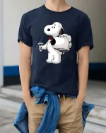 Funny Dog Holding Dog Head T-Shirt Cartoon Humor Tee - model wearing navy tee with hands in pockets