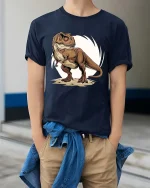 T-Rex Dinosaur T-Shirt Cool Jurassic Dino Graphic Tee - model wearing navy tee with hands in pockets