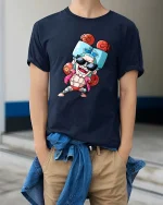 Funny Boxer Cartoon T-Shirt Cool Fighting Character Tee - model wearing navy tee with hands in pockets