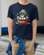 Grumpy Dog Bath T-Shirt Funny Cute Puppy Bath Time Tee - model wearing navy tee with hands in pockets