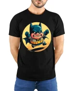 Angry Pig Superhero T-Shirt Funny Comic Animal Hero Tee - model wearing black tee with hands behind back