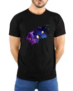 Solar System Galaxy T-Shirt Cosmic Space Planets Graphic - model wearing black tee with hands behind back