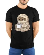 Funny Tired Mummy Coffee T-Shirt Cute Halloween Monster - model wearing black tee with hands behind back