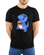 Funny Dinosaur Eating Burger T-Shirt Cool Dino Food Tee - model wearing black tee with hands behind back