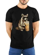 Cool Raccoon Iced Coffee T-Shirt Funny Animal Drink Tee - model wearing black tee with hands behind back