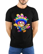 Funny Fiesta Skeleton Guitar T-Shirt Colorful Party Tee - model wearing black tee with hands behind back
