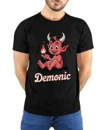 Cute Demonic Devil Cartoon T-Shirt Funny Halloween Tee - model wearing black tee with hands behind back