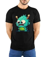 Cute Alien Monster T-Shirt Funny Cartoon Creature Tee - model wearing black tee with hands behind back