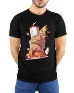 Funny Fast Food Scooter T-Shirt Burger Pizza Cartoon Tee - model wearing black tee with hands behind back