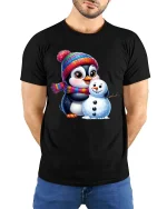 Cute Penguin Snowman T-Shirt Winter Holiday Cartoon Tee - model wearing black tee with hands behind back