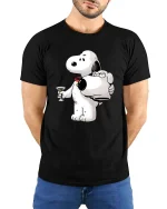 Funny Dog Holding Dog Head T-Shirt Cartoon Humor Tee - model wearing black tee with hands behind back